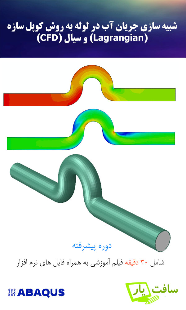 فیلم آموزش شبیه سازی جریان آب در لوله به روش کوپل سازه (Lagrangian) و سیال (CFD) در نرم افزار آباکوس Abaqus با لحاظ آشفتگی جریان به روش RNG و روش Dynamic Implicit